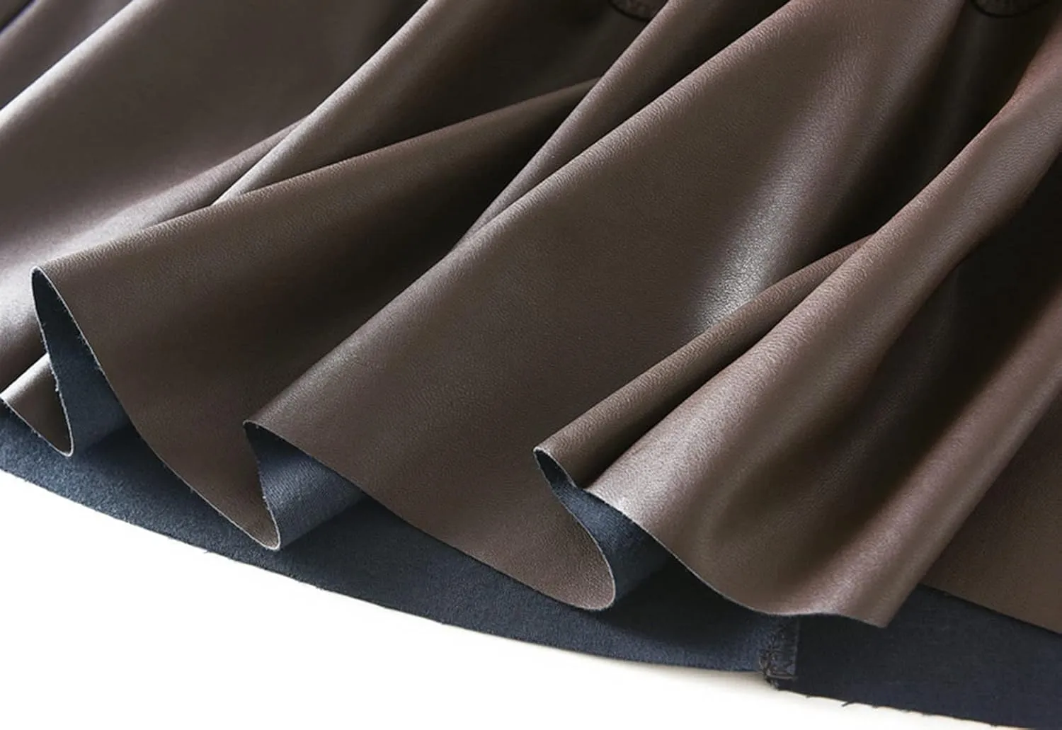 A-line Midi Pleated Skirts Faux Leather Flare Skirt with Pockets