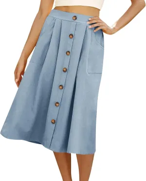 A Line Midi Skirt for Womens Vintage Front Button Swing Skirts Summer Casual High Waisted Pleated Midi Skirt with Pockets