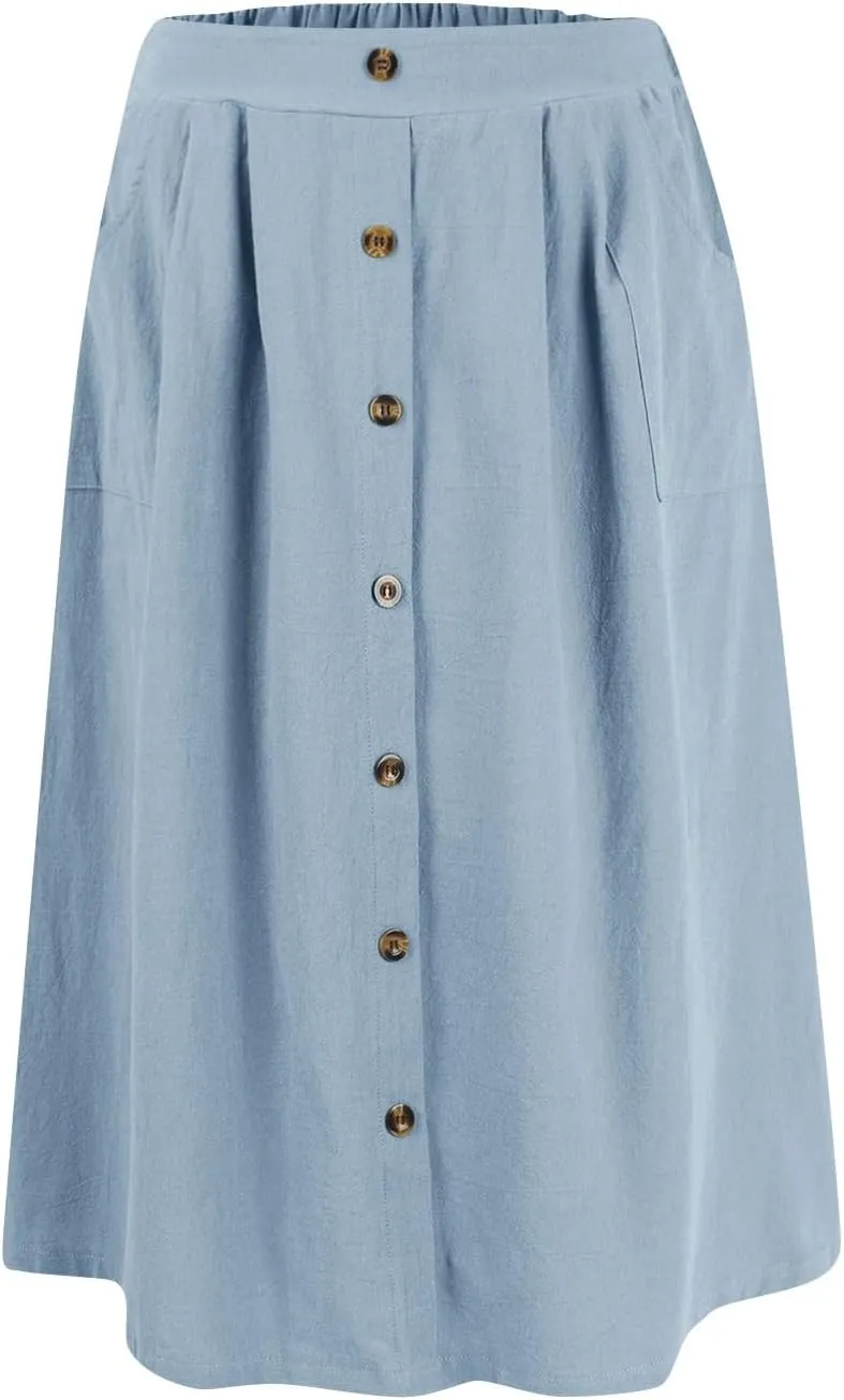 A Line Midi Skirt for Womens Vintage Front Button Swing Skirts Summer Casual High Waisted Pleated Midi Skirt with Pockets