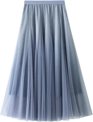 A Line Swing Midi Skirt for Women, Gradient Color Ruffles Pleated Tulle Skirts
