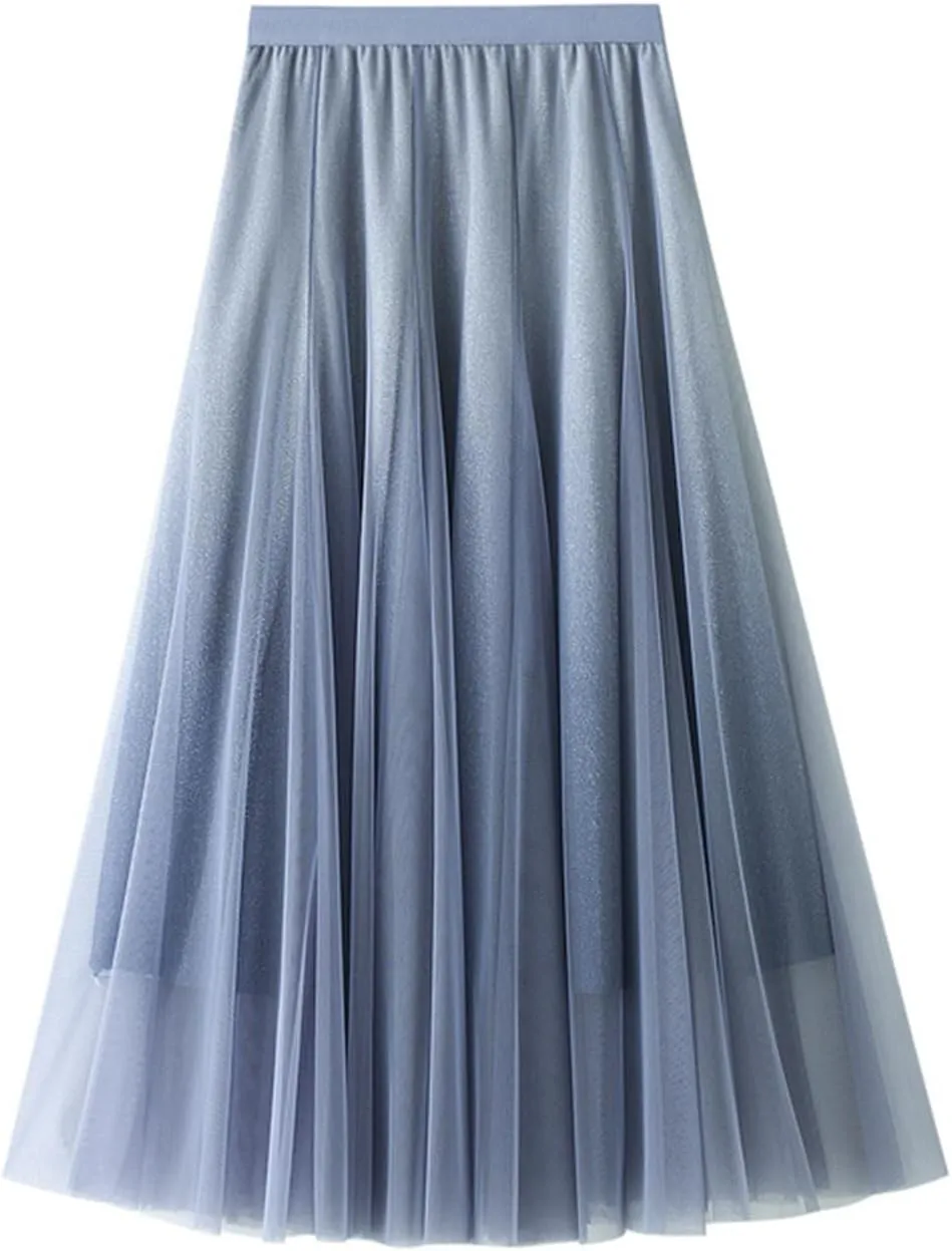 A Line Swing Midi Skirt for Women, Gradient Color Ruffles Pleated Tulle Skirts