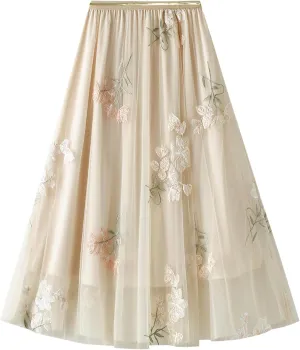 ABAFIP Women's Floral Embroidered Tulle Skirt Elastic High Waist Mesh Tutu A-Line Embroidery Midi Long Skirts