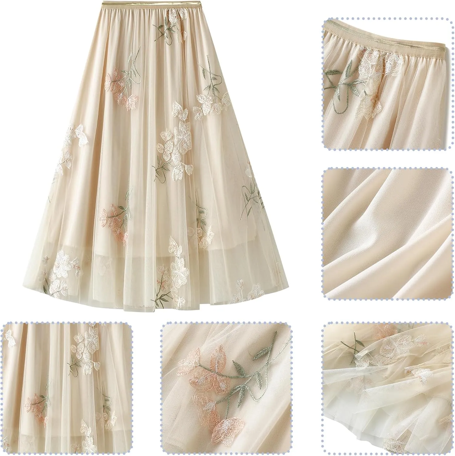 ABAFIP Women's Floral Embroidered Tulle Skirt Elastic High Waist Mesh Tutu A-Line Embroidery Midi Long Skirts
