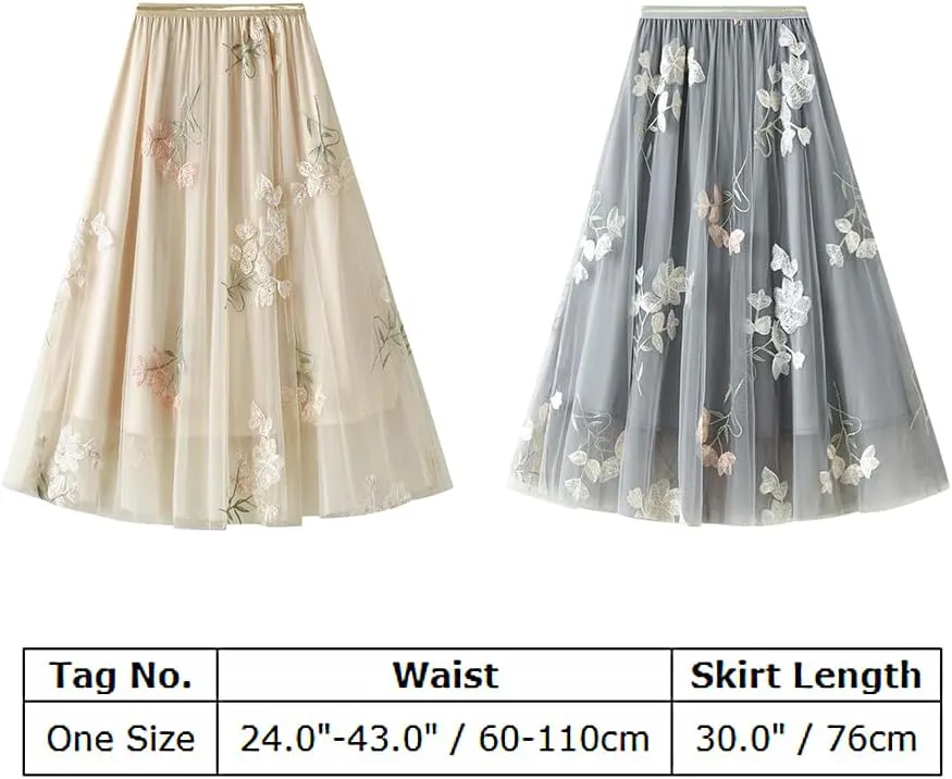 ABAFIP Women's Floral Embroidered Tulle Skirt Elastic High Waist Mesh Tutu A-Line Embroidery Midi Long Skirts