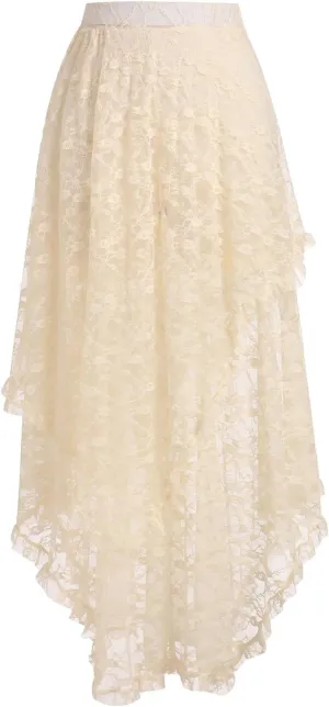 ABAFIP Women's High Waist Sheer Lace Tulle Floral Long Skirt Layered Asymmetrical Transparent Midi Skirts