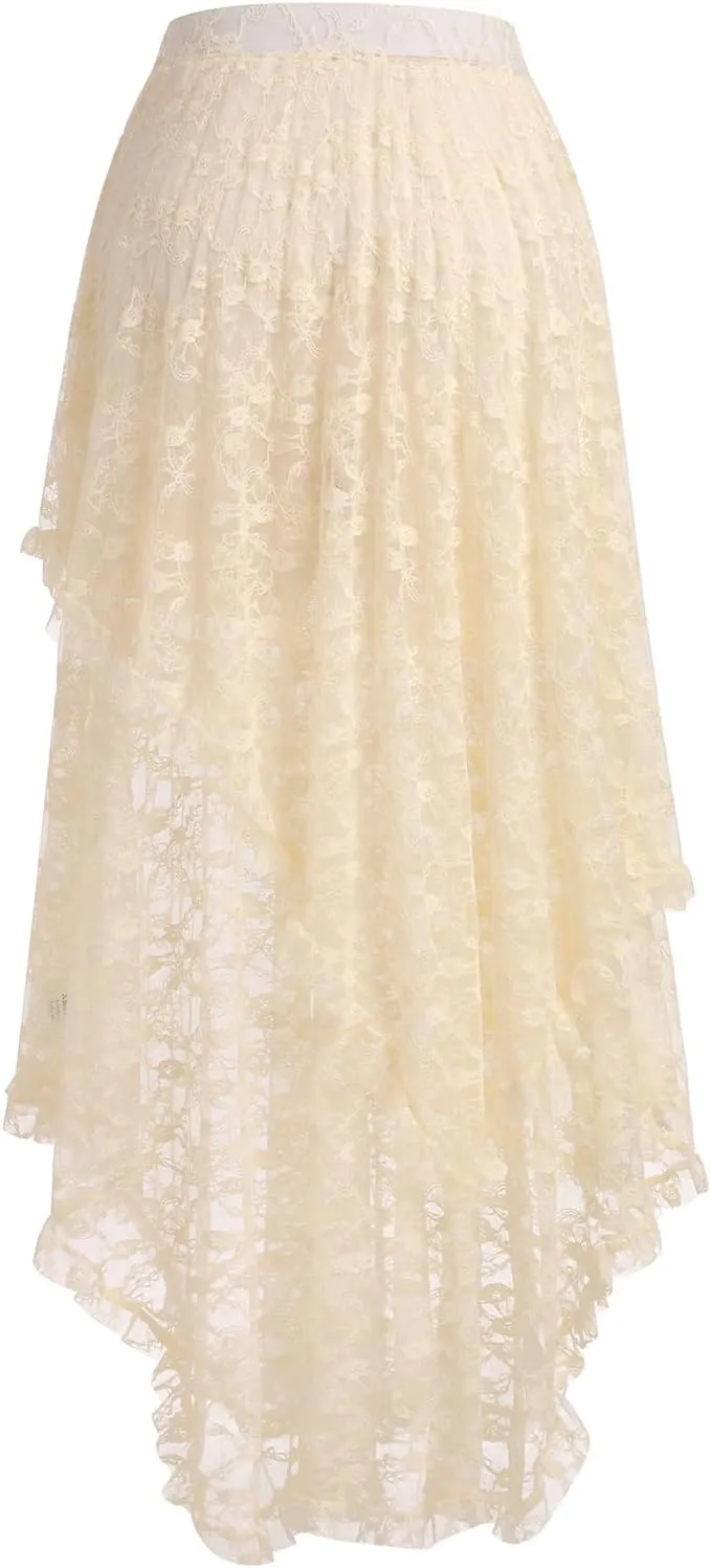 ABAFIP Women's High Waist Sheer Lace Tulle Floral Long Skirt Layered Asymmetrical Transparent Midi Skirts