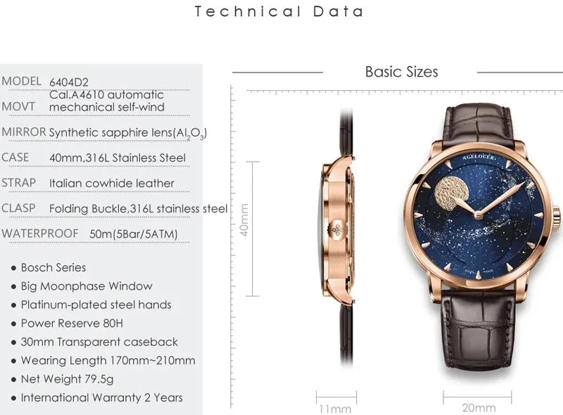 AGELOCER Designer Moon Phase Luxury Watch