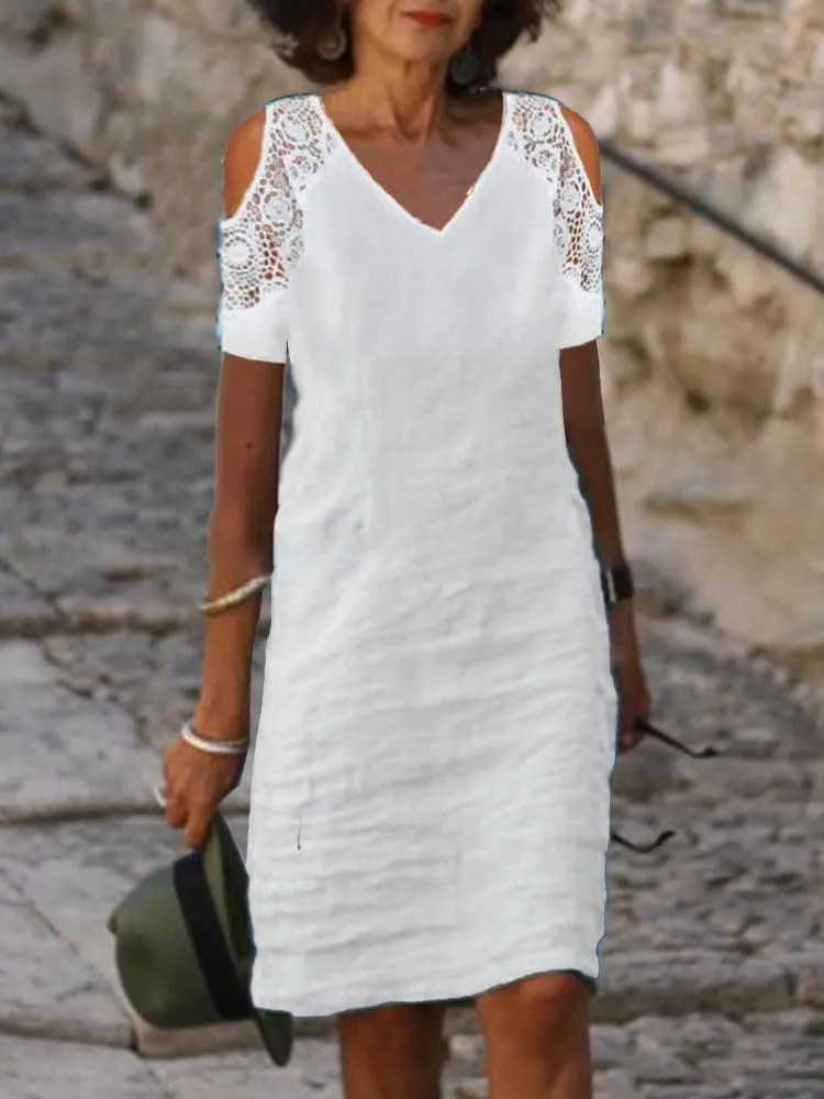 Akivide Women Summer Cotton Linen Cold Shoulder Midi Dress Casual Short Sleeve V Neck Flowy Beach Vacation Knee Length Dress