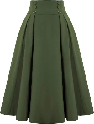 Akklian Women's High Waist Midi Dress Elastic A-Line Pleated Button Skirts Fashion Vintage Midi Dress Plus Size Skirt 2024