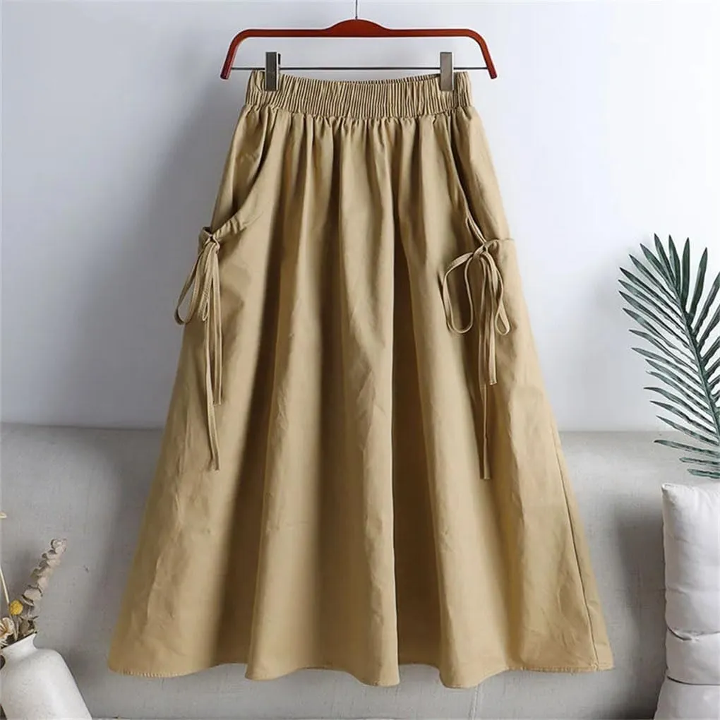All-Match Solid Color Lace Up Spliced Loose Skirt Female Elastic High Waist Midi Skirts Summer Women Clothing