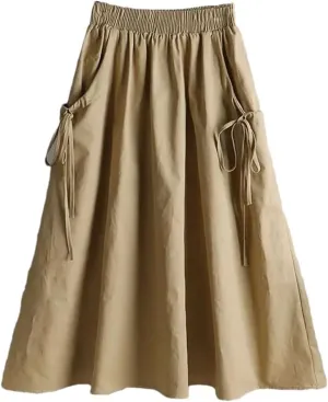 All-Match Solid Color Lace Up Spliced Loose Skirt Female Elastic High Waist Midi Skirts Summer Women Clothing