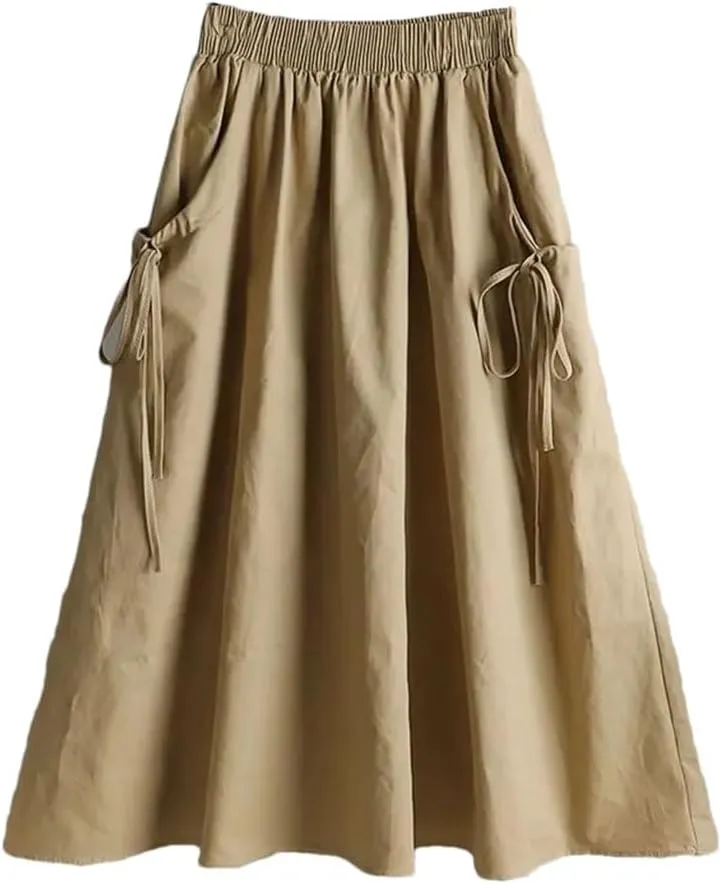 All-Match Solid Color Lace Up Spliced Loose Skirt Female Elastic High Waist Midi Skirts Summer Women Clothing