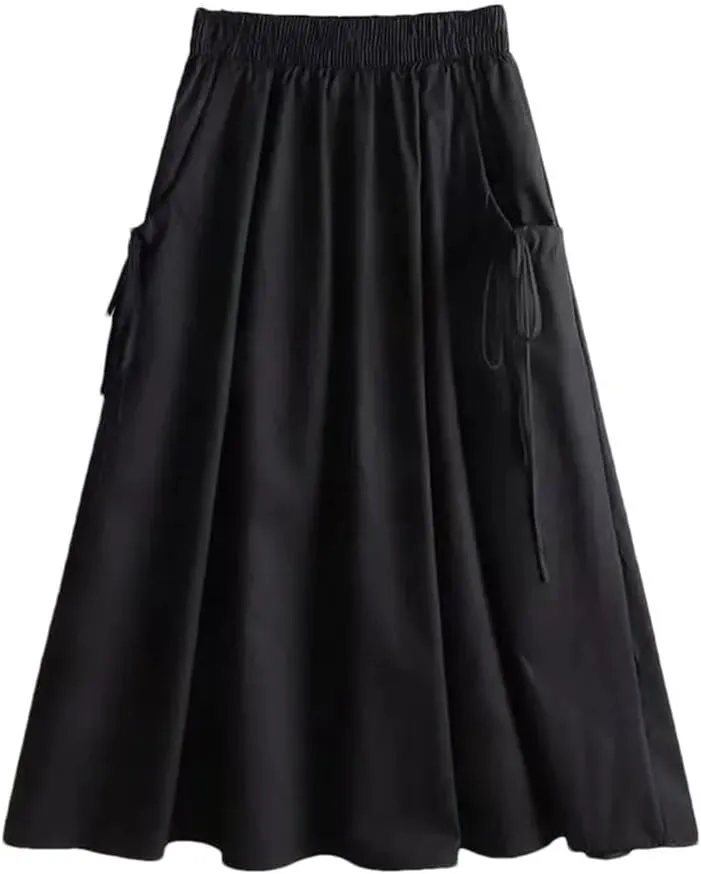All-Match Solid Color Lace Up Spliced Loose Skirt Female Elastic High Waist Midi Skirts Summer Women Clothing