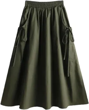All-Match Solid Color Lace Up Spliced Loose Skirt Female Elastic High Waist Midi Skirts Summer Women Clothing