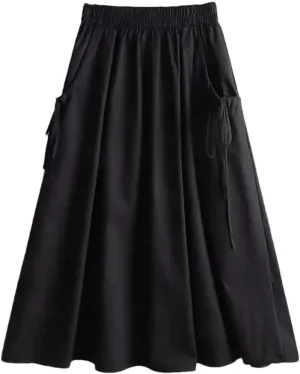 All-Match Solid Color Lace Up Spliced Loose Skirt Female Elastic High Waist Midi Skirts Summer Women Clothing