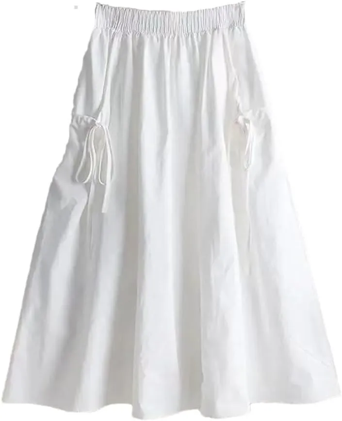 All-Match Solid Color Lace Up Spliced Loose Skirt Female Elastic High Waist Midi Skirts Summer Women Clothing
