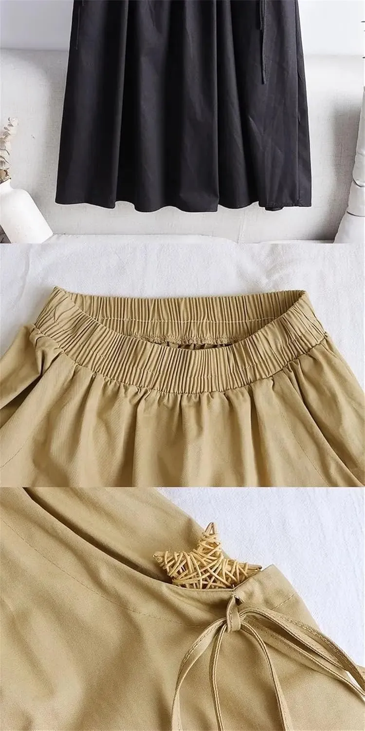 All-Match Solid Color Lace Up Spliced Loose Skirt Female Elastic High Waist Midi Skirts Summer Women Clothing