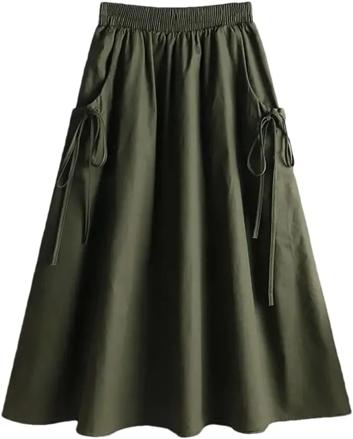 All-Match Solid Color Lace Up Spliced Loose Skirt Female Elastic High Waist Midi Skirts Summer Women Clothing