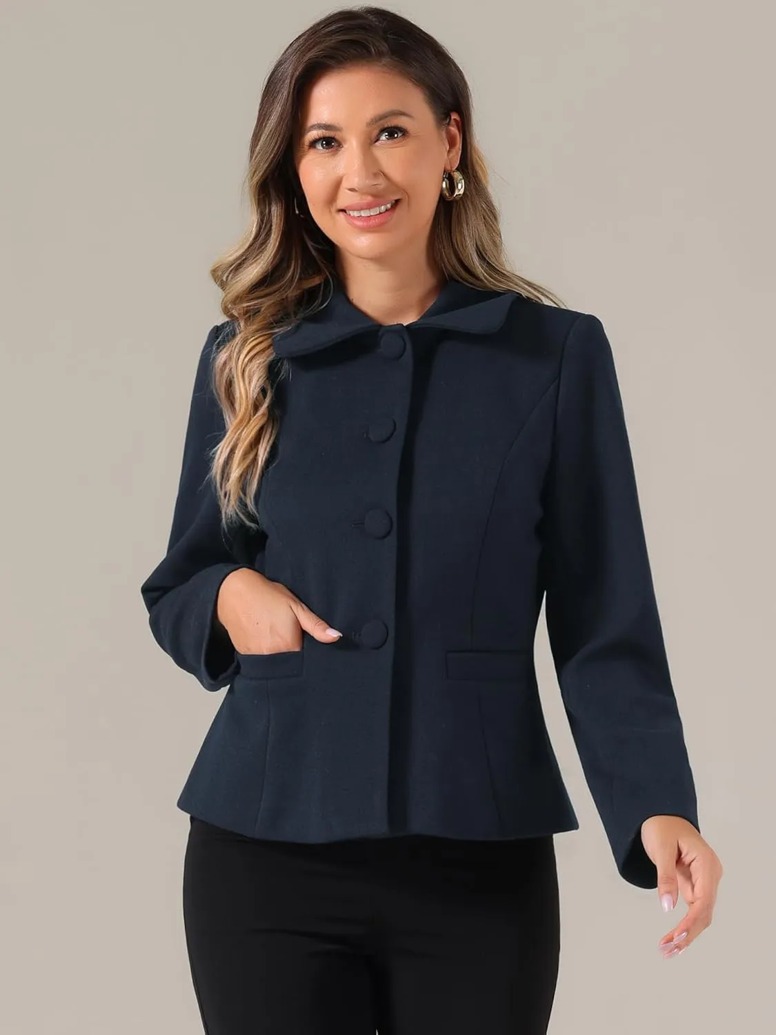 Allegra K Women's Work Office Winter Coat Turndown Collar Single Breasted Outerwear Peacoat
