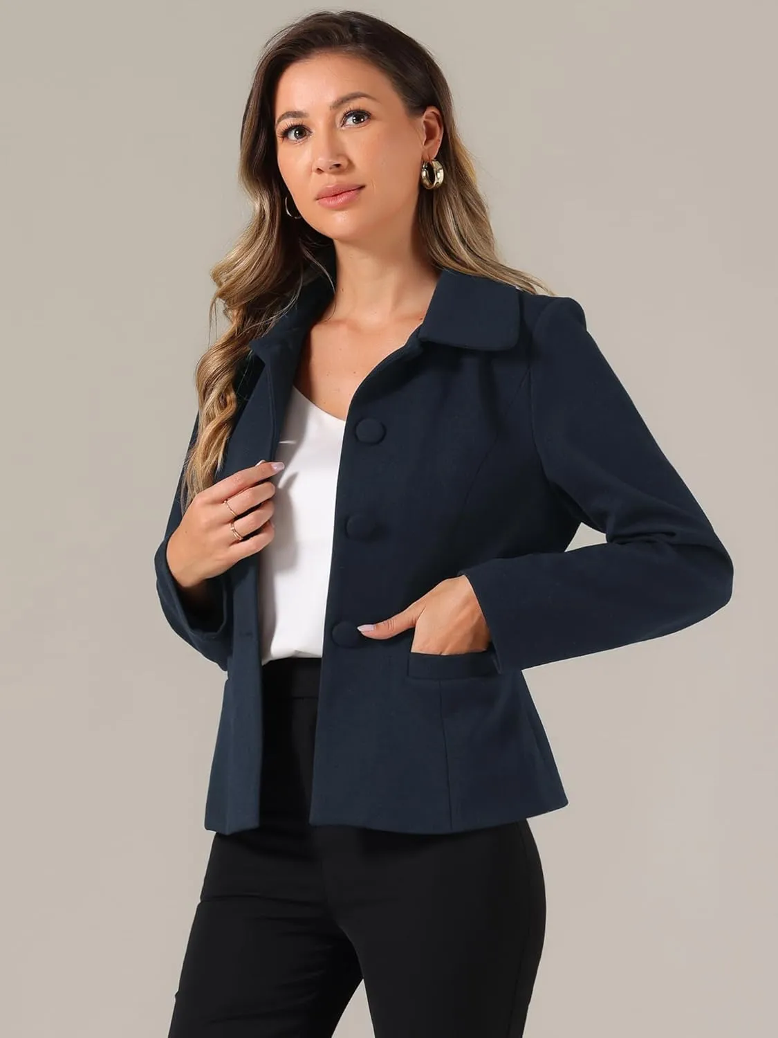 Allegra K Women's Work Office Winter Coat Turndown Collar Single Breasted Outerwear Peacoat