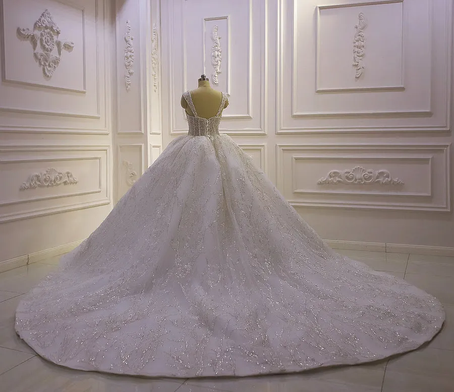 AM1255 spaghetti strap ball gown sweet heart neckline royal train luxury wedding dress