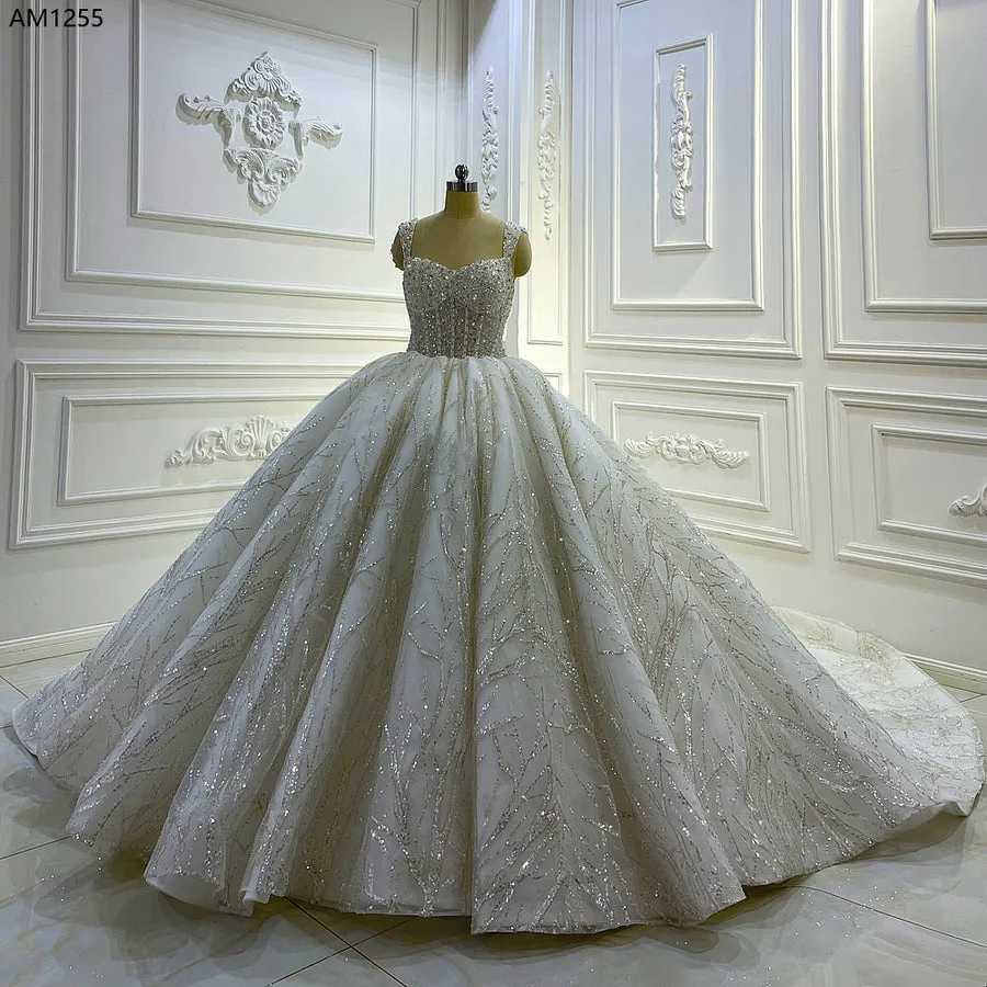 AM1255 spaghetti strap ball gown sweet heart neckline royal train luxury wedding dress