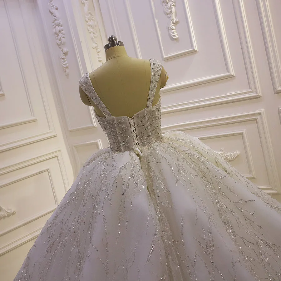 AM1255 spaghetti strap ball gown sweet heart neckline royal train luxury wedding dress