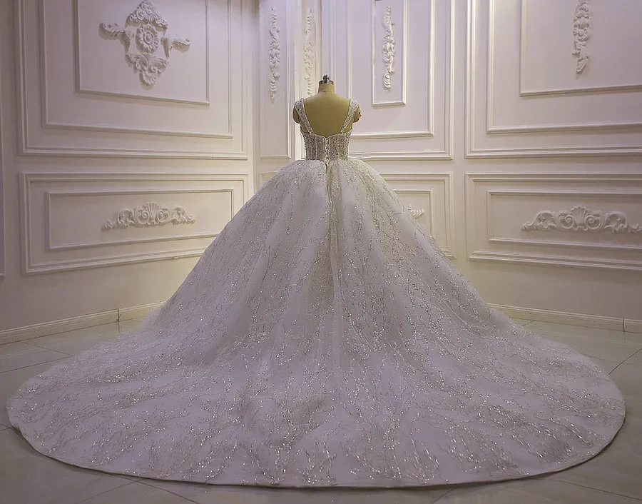 AM1255 spaghetti strap ball gown sweet heart neckline royal train luxury wedding dress