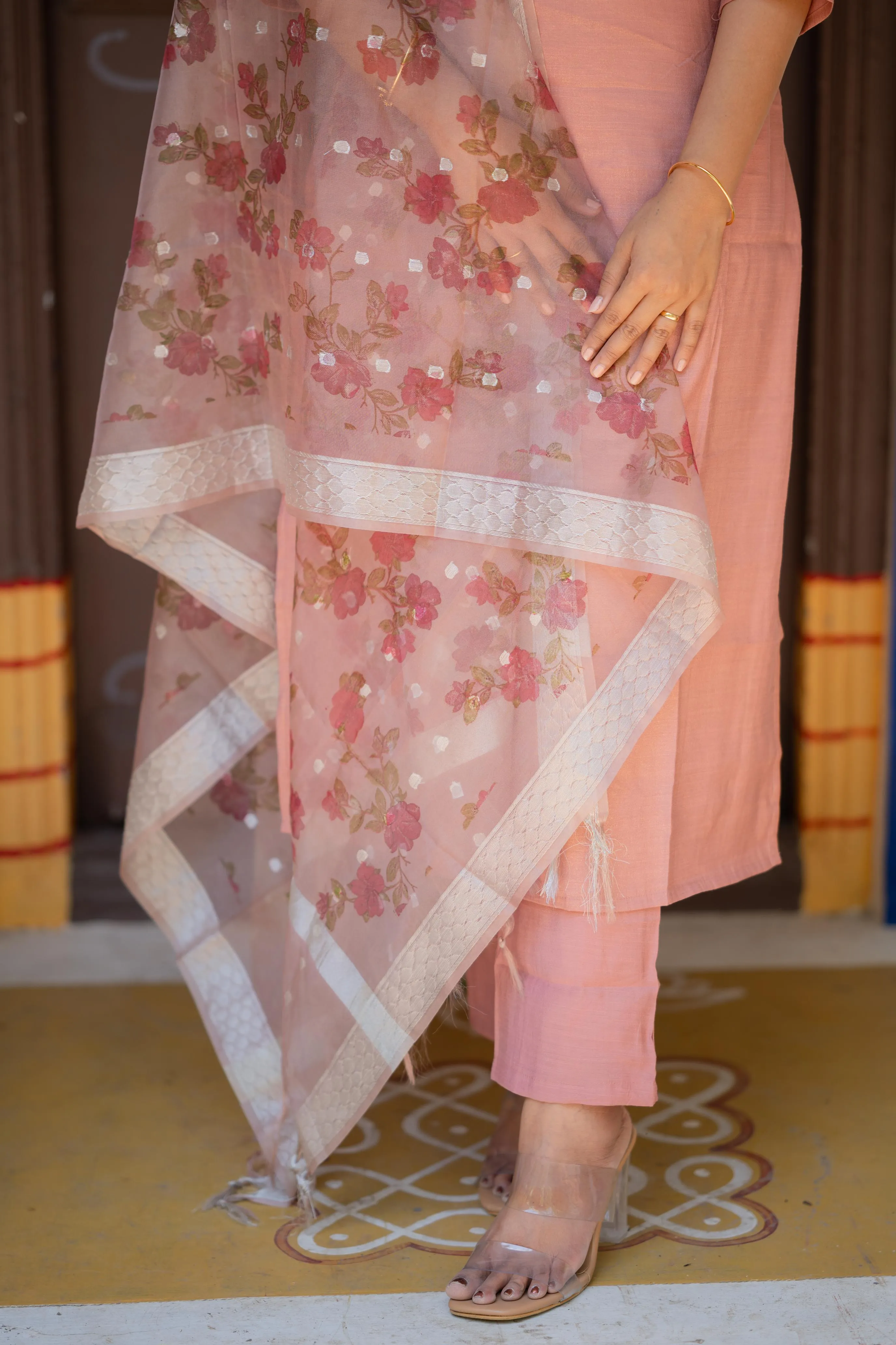 Amulya (rose gold )-  shimmer silk kurta set with chanderi silk dupatta withsilverzari