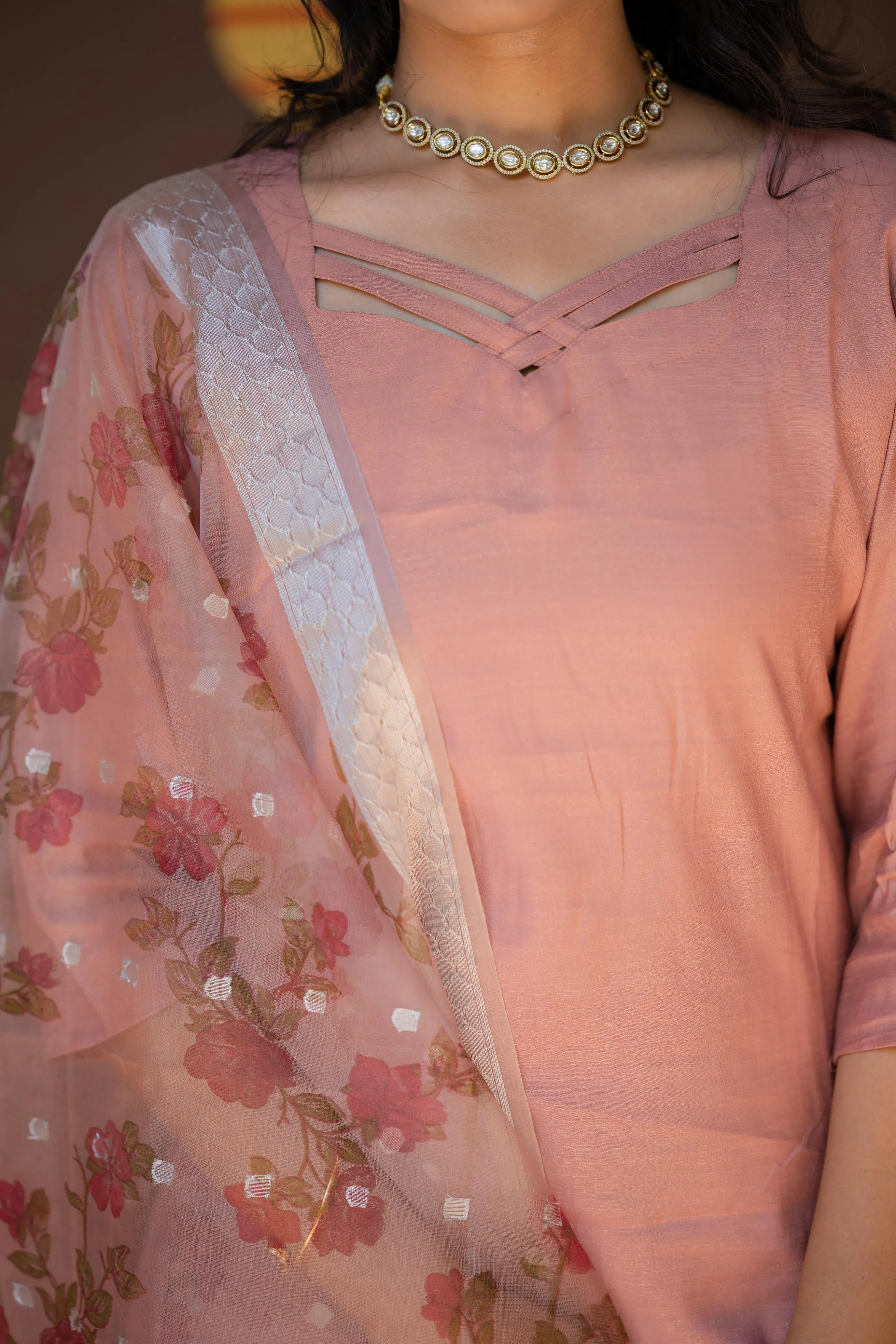 Amulya (rose gold )-  shimmer silk kurta set with chanderi silk dupatta withsilverzari