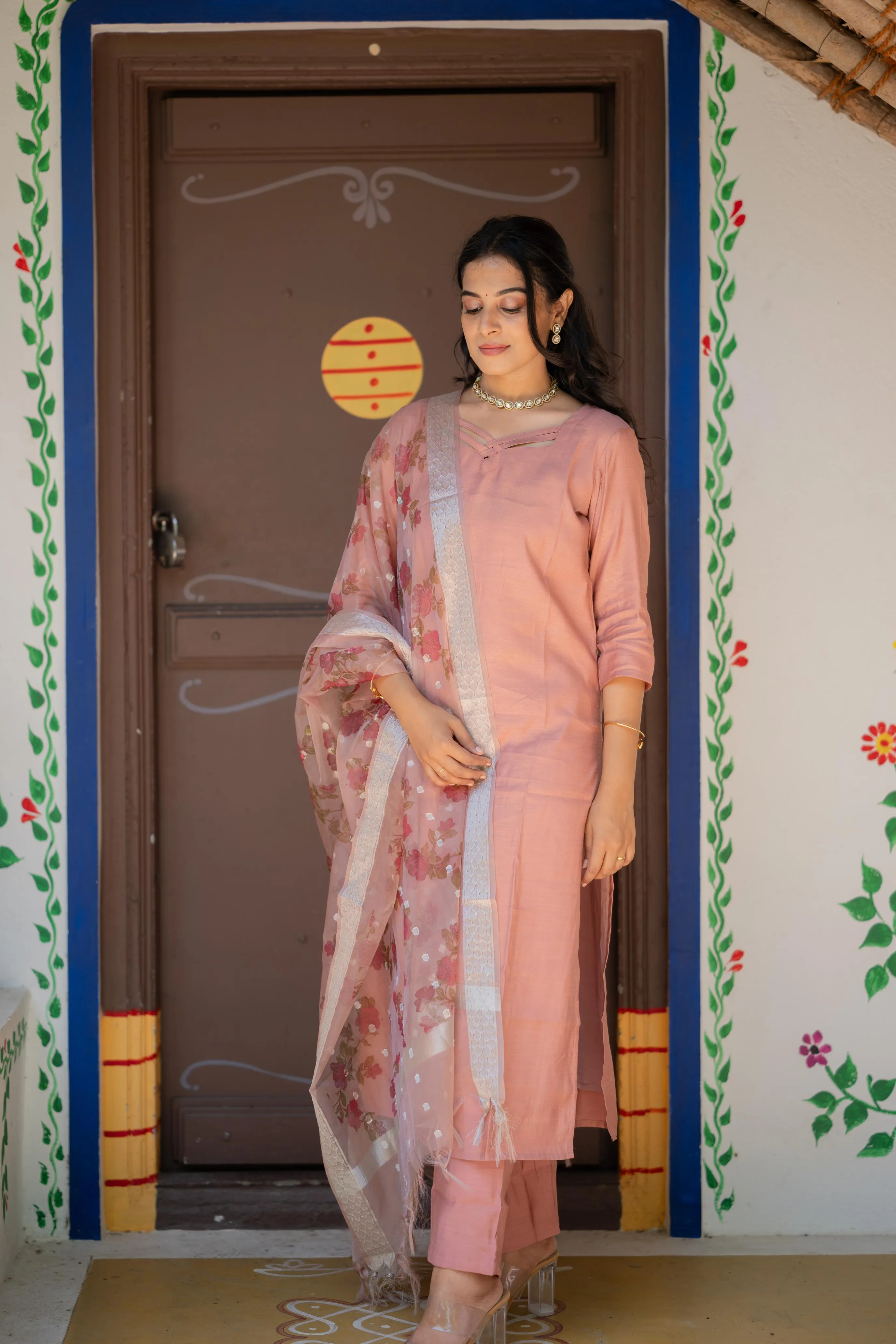 Amulya (rose gold )-  shimmer silk kurta set with chanderi silk dupatta withsilverzari