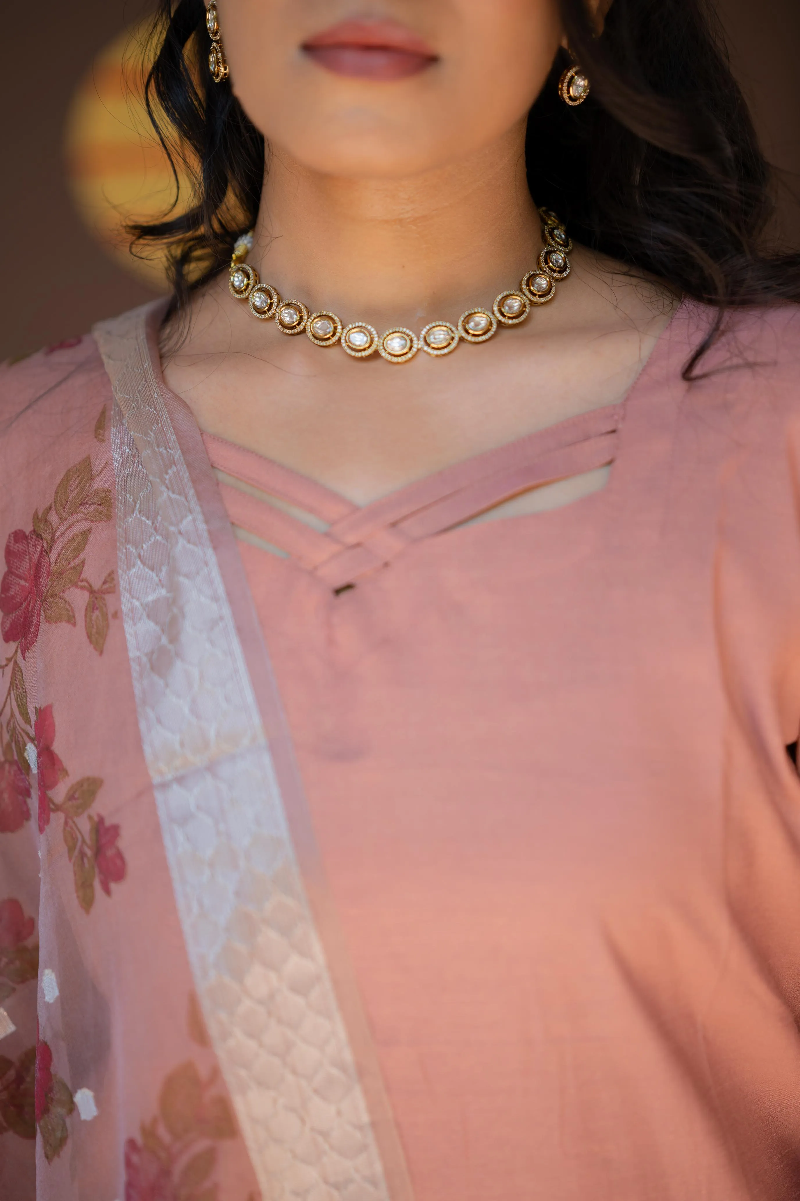Amulya (rose gold )-  shimmer silk kurta set with chanderi silk dupatta withsilverzari