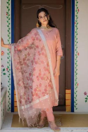 Amulya (rose gold )-  shimmer silk kurta set with chanderi silk dupatta withsilverzari