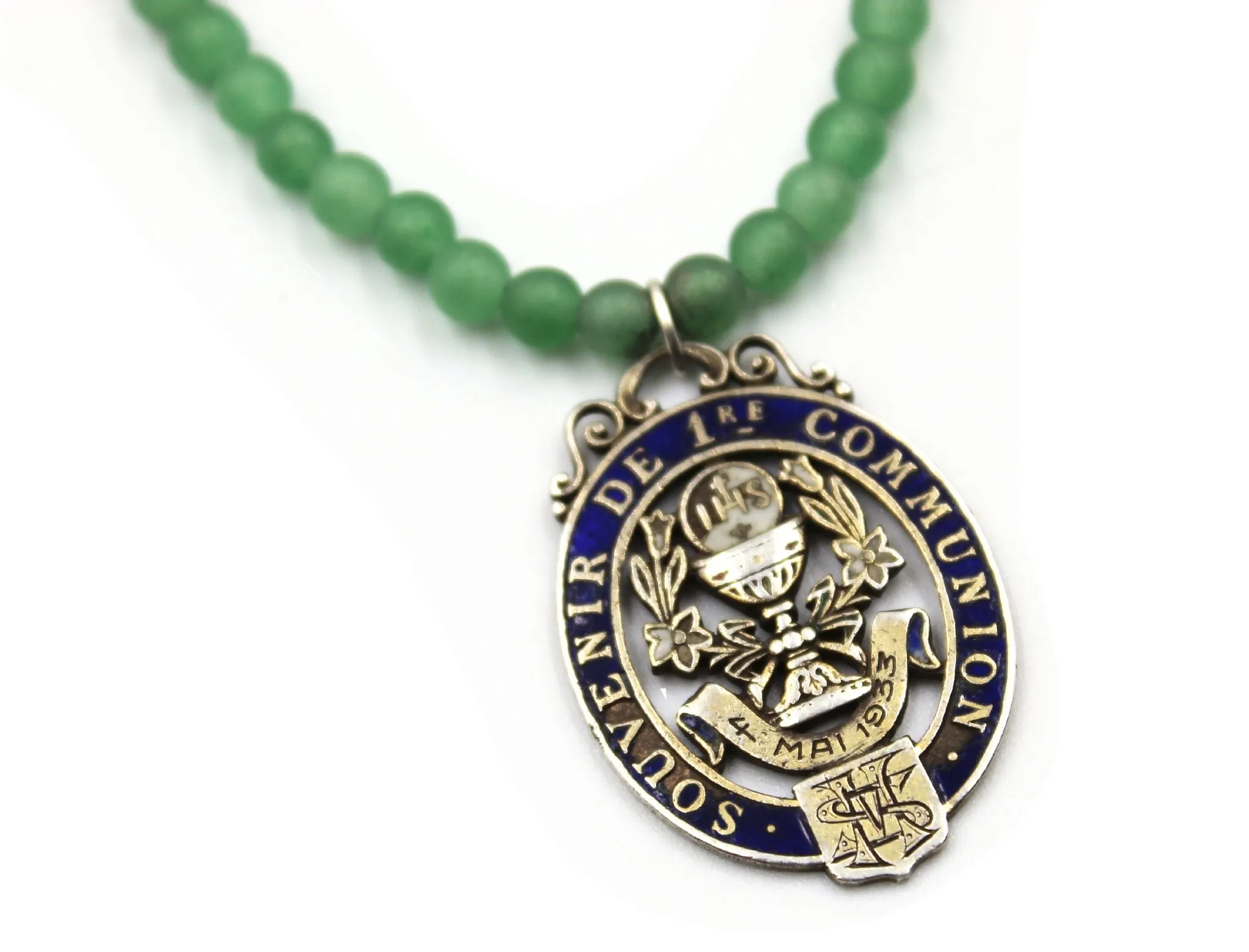 Antique French First Communion Charm on a Jade and Sodalite Necklace