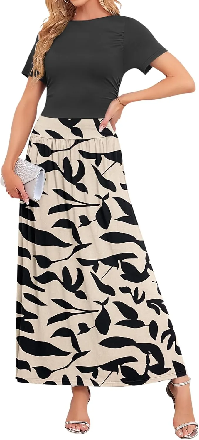 AUSELILY Women's Maxi Dress 2025 Summer Short Sleeve Crewneck Ruffled Flowy Swing Long Dresses,Casual Party or Evening Wear