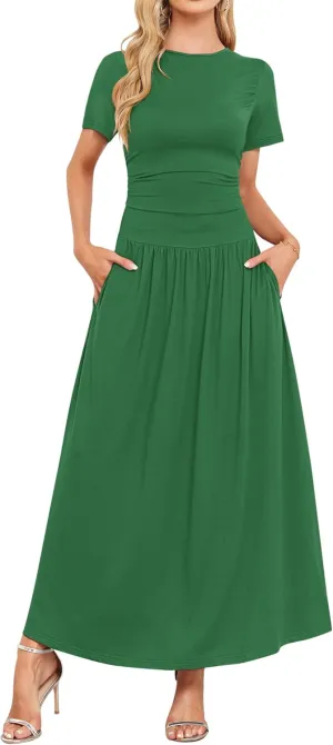 AUSELILY Women's Maxi Dress 2025 Summer Short Sleeve Crewneck Ruffled Flowy Swing Long Dresses,Casual Party or Evening Wear