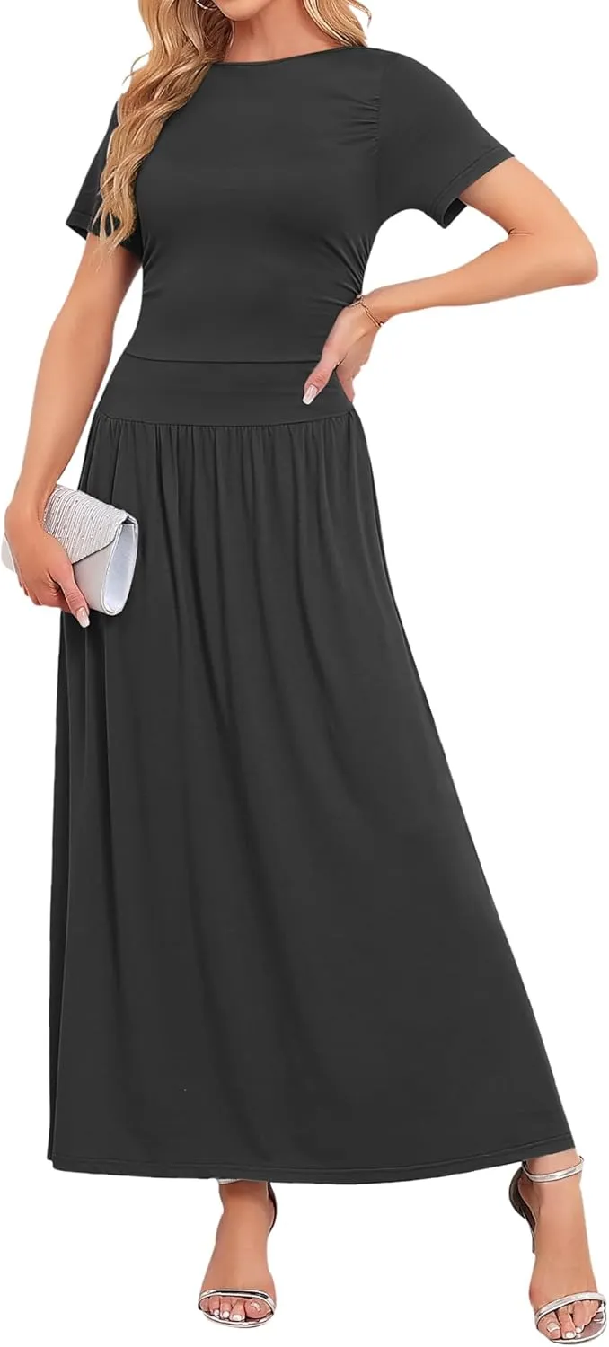 AUSELILY Women's Maxi Dress 2025 Summer Short Sleeve Crewneck Ruffled Flowy Swing Long Dresses,Casual Party or Evening Wear