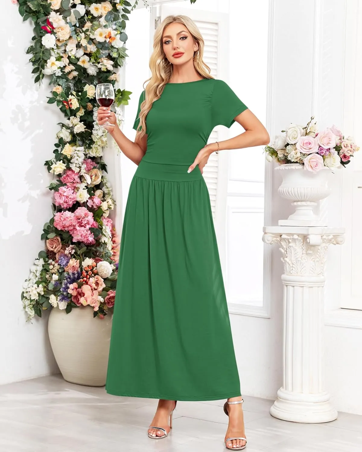 AUSELILY Women's Maxi Dress 2025 Summer Short Sleeve Crewneck Ruffled Flowy Swing Long Dresses,Casual Party or Evening Wear