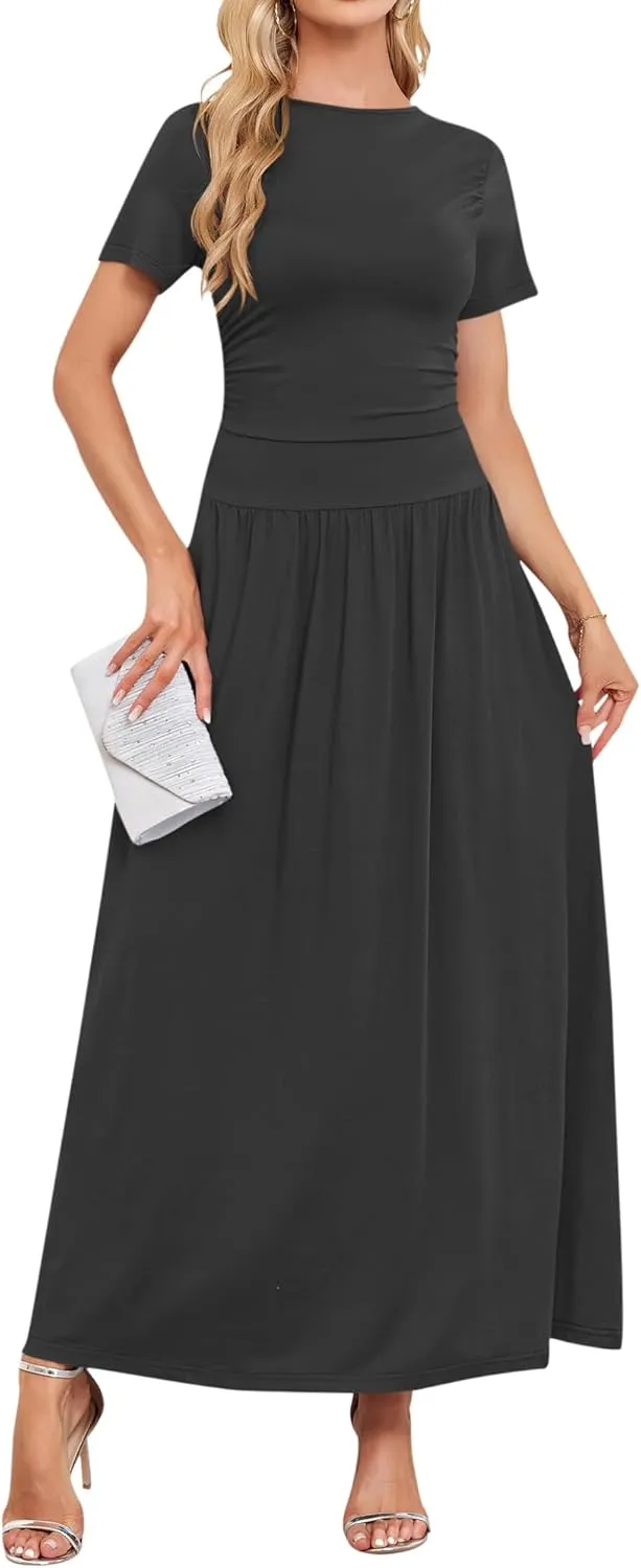 AUSELILY Women's Maxi Dress 2025 Summer Short Sleeve Crewneck Ruffled Flowy Swing Long Dresses,Casual Party or Evening Wear