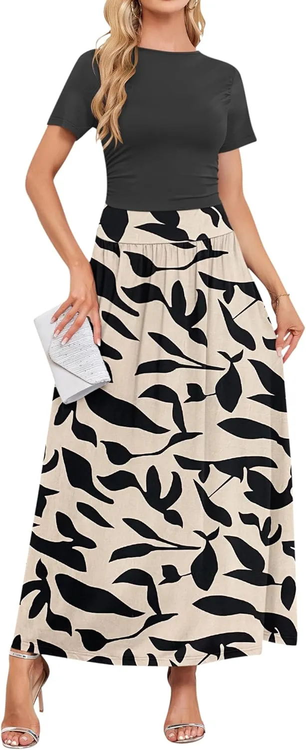 AUSELILY Women's Maxi Dress 2025 Summer Short Sleeve Crewneck Ruffled Flowy Swing Long Dresses,Casual Party or Evening Wear