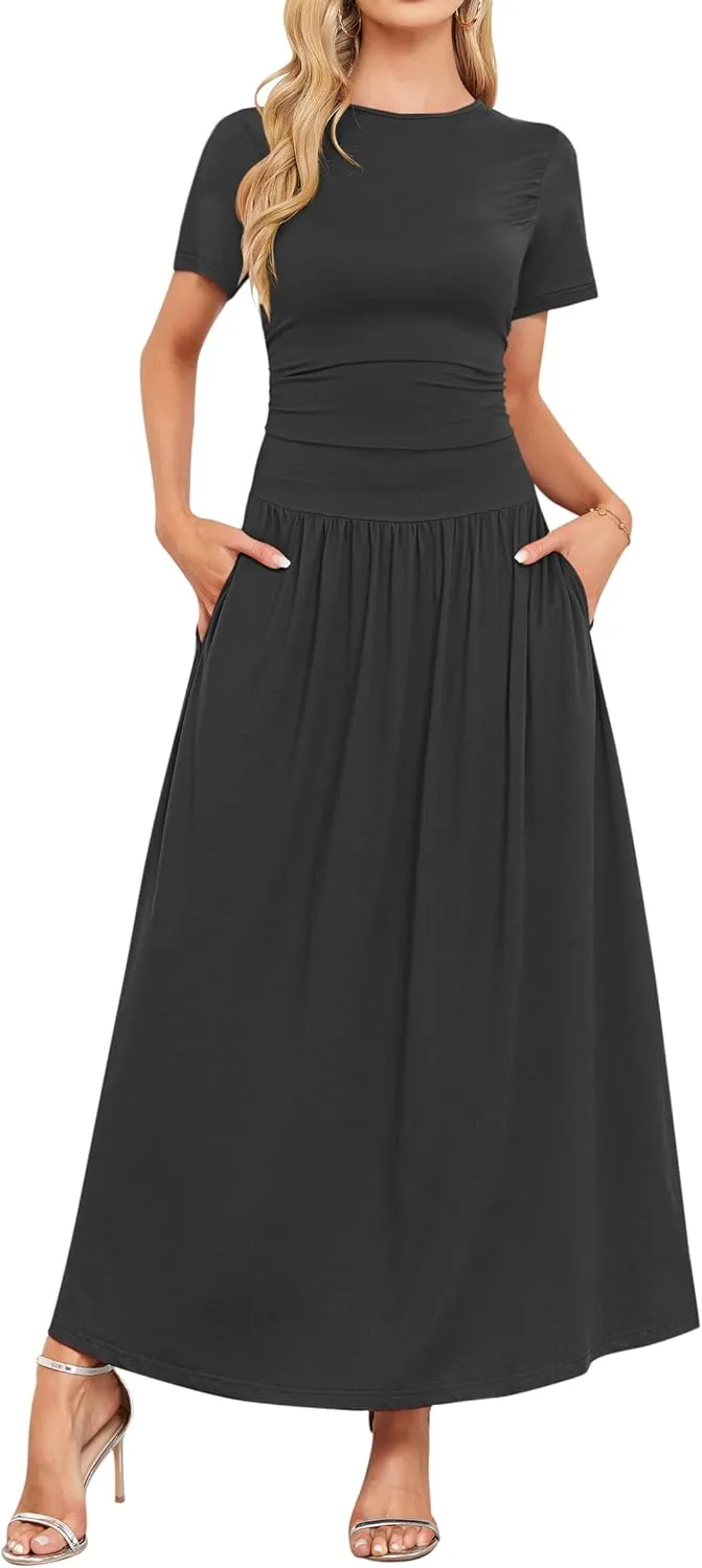 AUSELILY Women's Maxi Dress 2025 Summer Short Sleeve Crewneck Ruffled Flowy Swing Long Dresses,Casual Party or Evening Wear