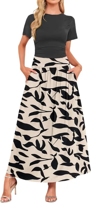 AUSELILY Women's Maxi Dress 2025 Summer Short Sleeve Crewneck Ruffled Flowy Swing Long Dresses,Casual Party or Evening Wear