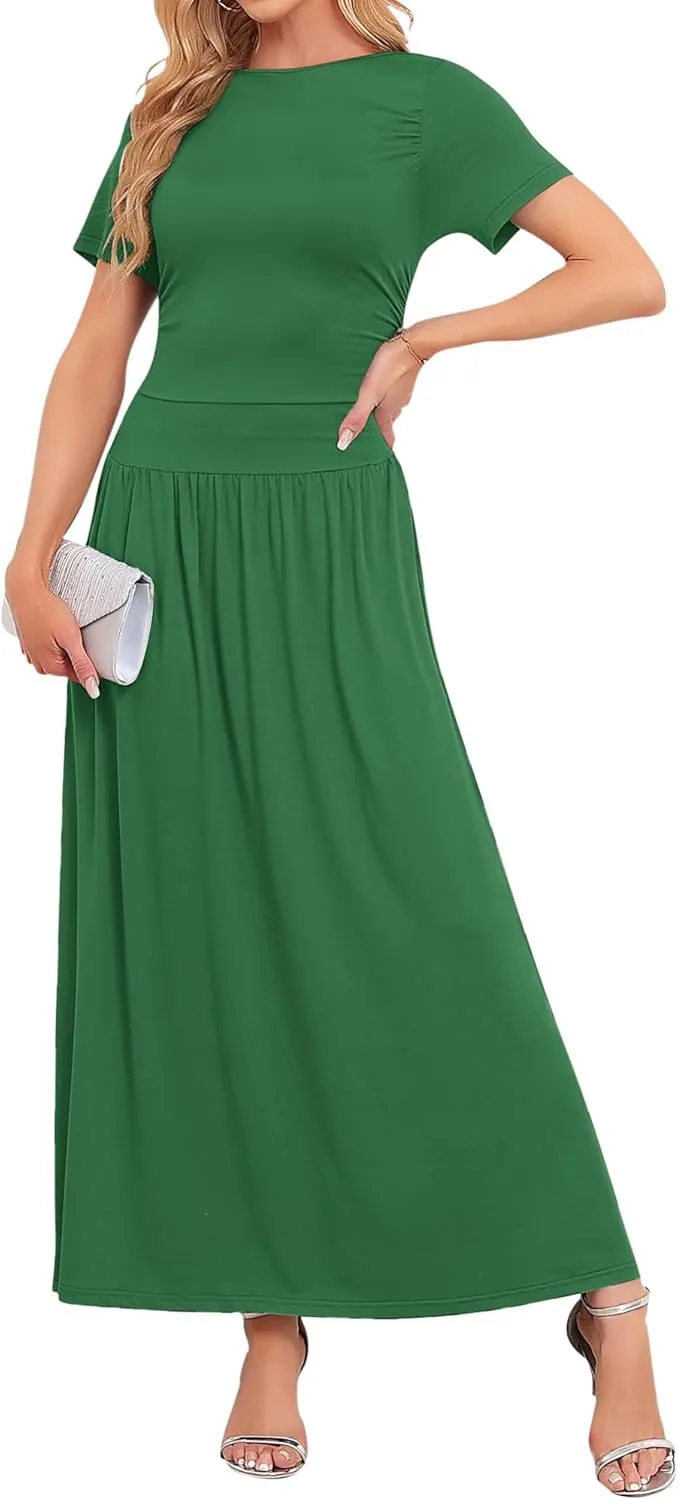 AUSELILY Women's Maxi Dress 2025 Summer Short Sleeve Crewneck Ruffled Flowy Swing Long Dresses,Casual Party or Evening Wear