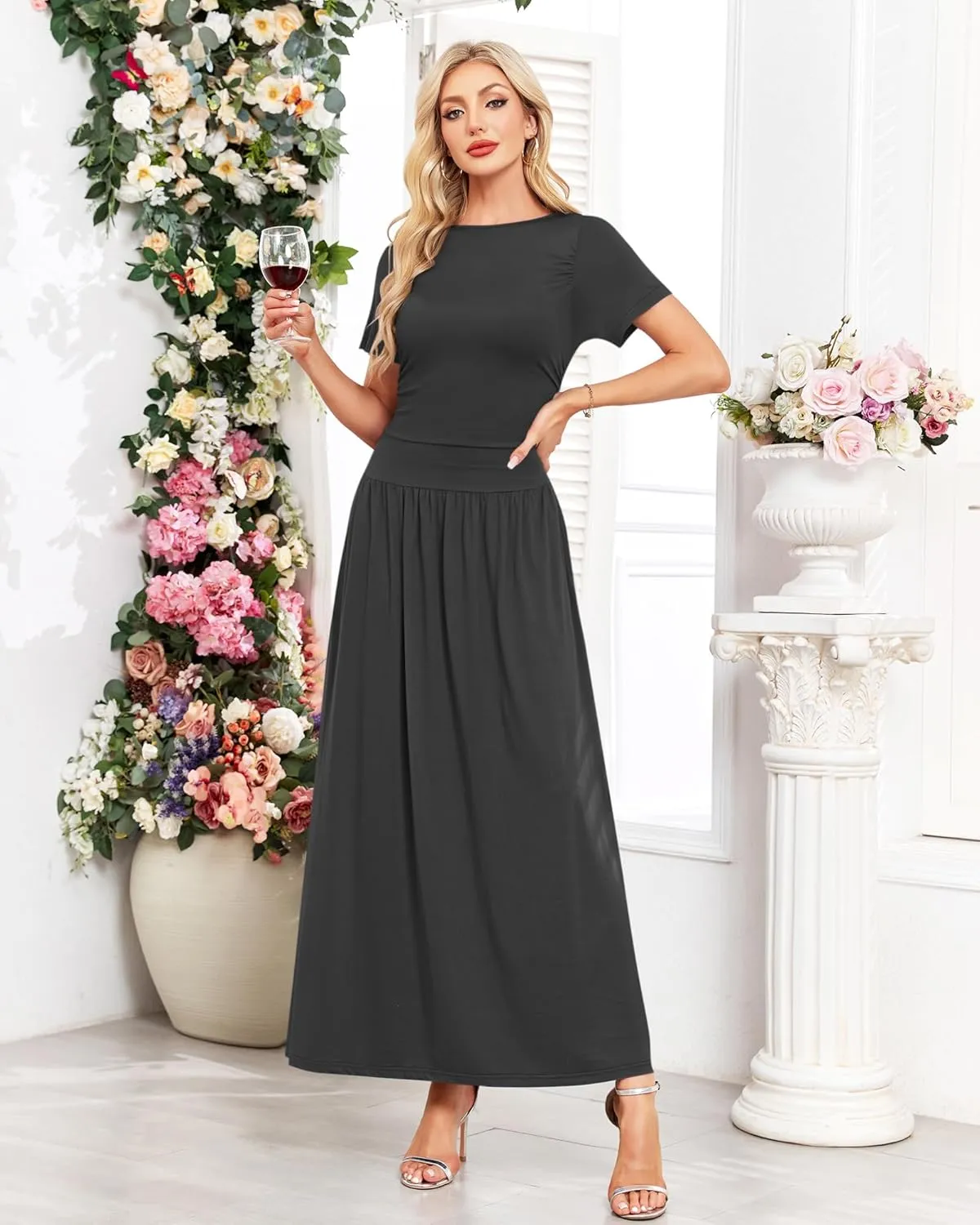 AUSELILY Women's Maxi Dress 2025 Summer Short Sleeve Crewneck Ruffled Flowy Swing Long Dresses,Casual Party or Evening Wear
