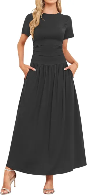 AUSELILY Women's Maxi Dress 2025 Summer Short Sleeve Crewneck Ruffled Flowy Swing Long Dresses,Casual Party or Evening Wear