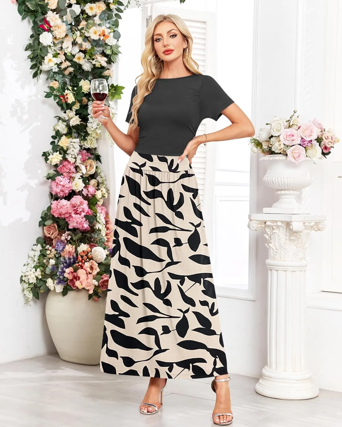 AUSELILY Women's Maxi Dress 2025 Summer Short Sleeve Crewneck Ruffled Flowy Swing Long Dresses,Casual Party or Evening Wear