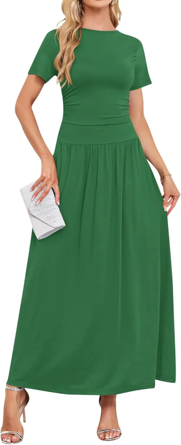AUSELILY Women's Maxi Dress 2025 Summer Short Sleeve Crewneck Ruffled Flowy Swing Long Dresses,Casual Party or Evening Wear