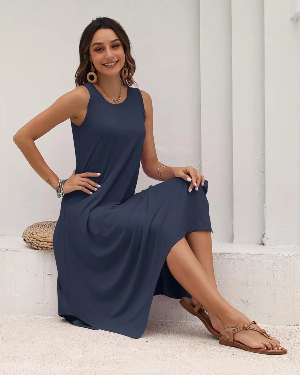 AUSELILY Women's Summer Dresses 2025 Casual Sleeveless Sundress Asymmetrical Hem Midi Tank Beach Dress with Pockets
