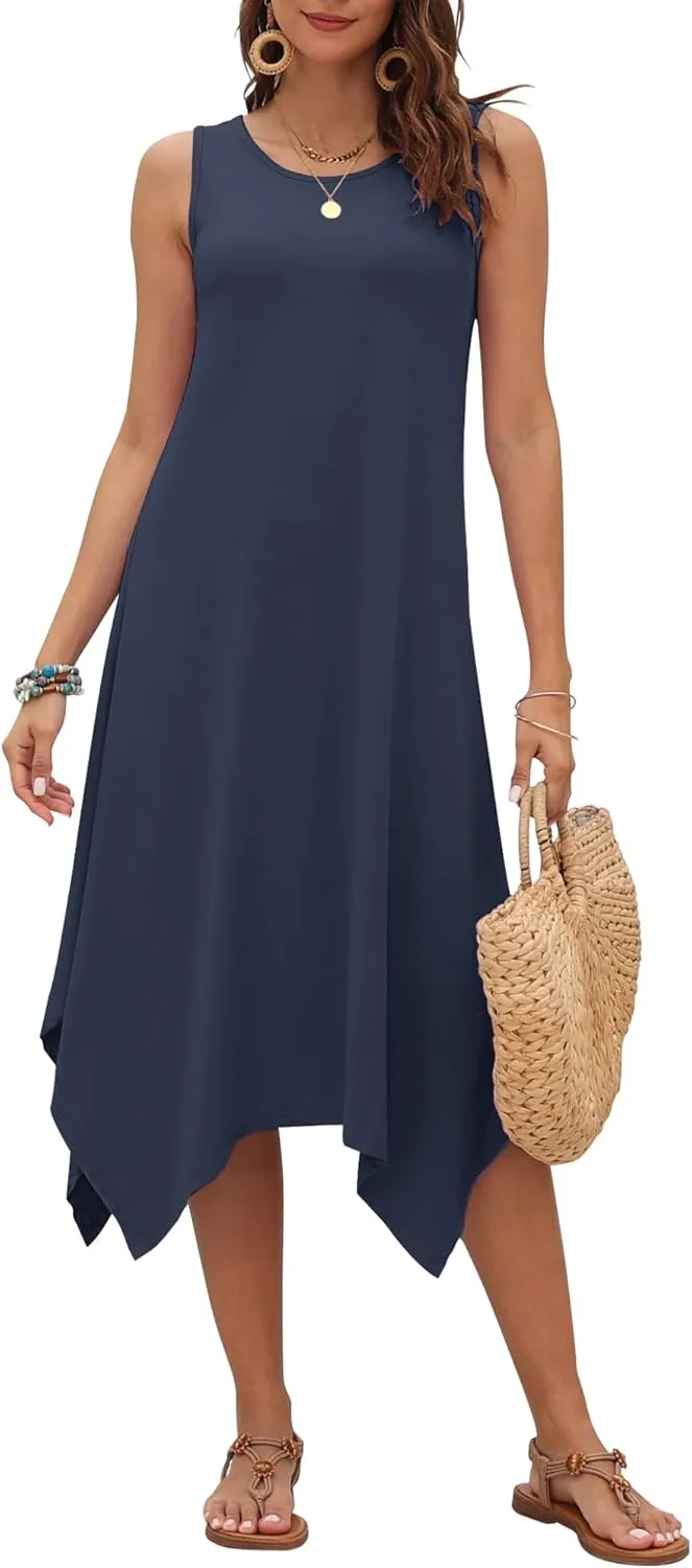 AUSELILY Women's Summer Dresses 2025 Casual Sleeveless Sundress Asymmetrical Hem Midi Tank Beach Dress with Pockets