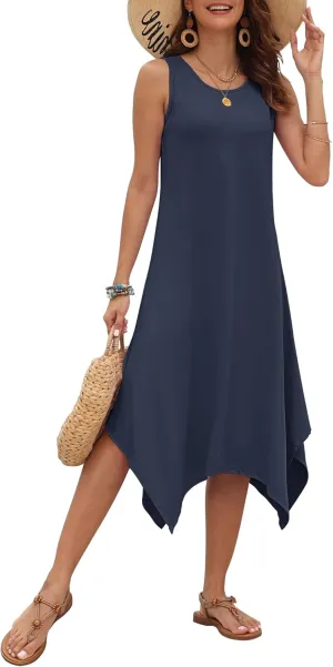 AUSELILY Women's Summer Dresses 2025 Casual Sleeveless Sundress Asymmetrical Hem Midi Tank Beach Dress with Pockets